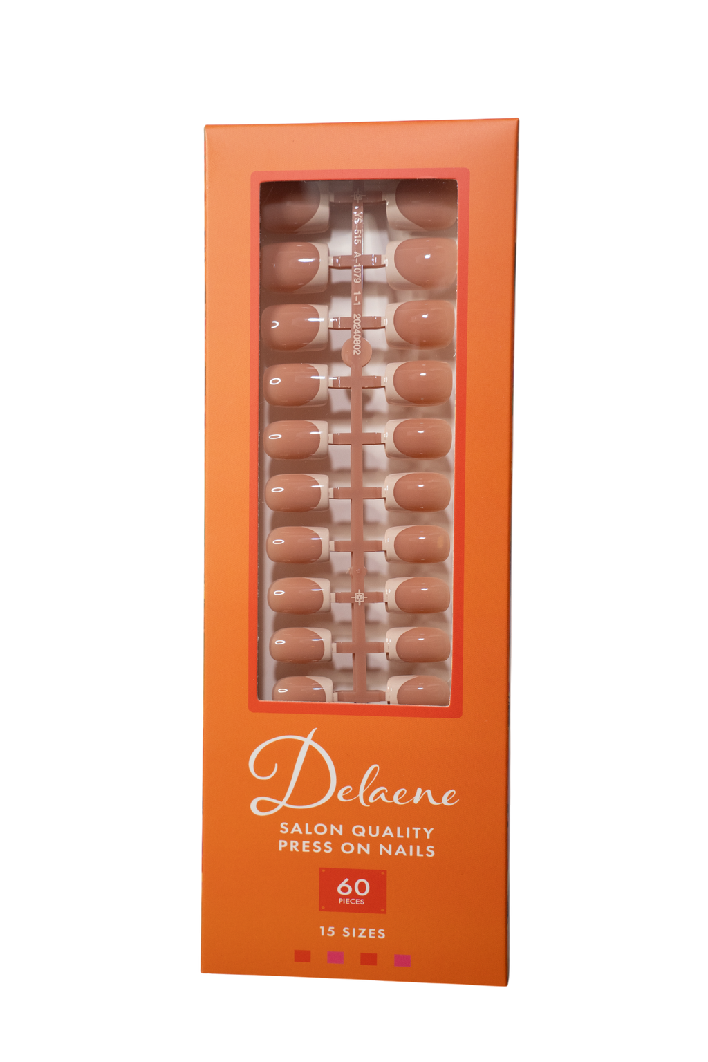 Packaged box of Delaene salon quality press-on nails with orange packaging and clear window. Box reads, "Delaene Salon Quality Press On Nails. 60 pieces. 15 sizes.” Box contains press-on nails with sheer nude base and beige colored tips in square shape, medium length, glossy finish.