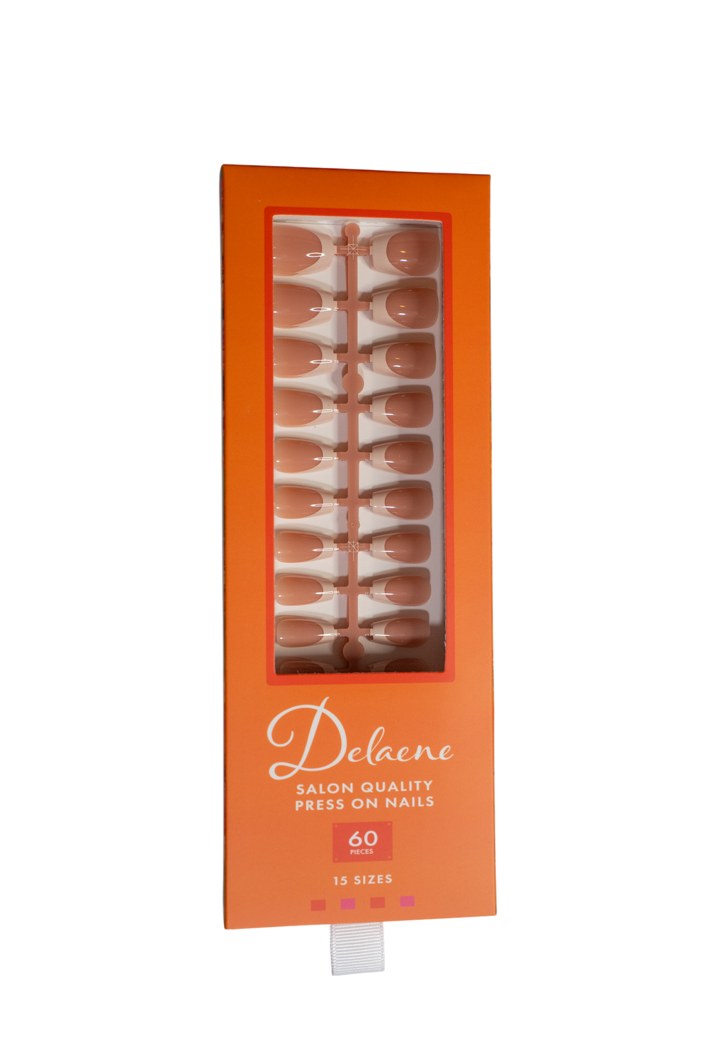 Packaged box of Delaene salon quality press-on nails with orange packaging and clear window. Box reads, "Delaene Salon Quality Press On Nails. 60 pieces. 15 sizes.” Box contains press-on nails with sheer nude base and beige colored tips in coffin shape, medium length, glossy finish.