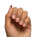 Dark chocolate French Tips press-on nails with sheer nude base and dark brown French tips in square shape, medium length, glossy finish, shown on hand