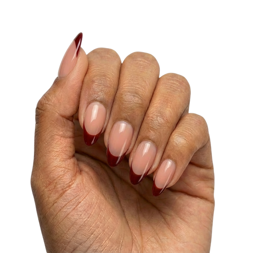 Dark Chocolate French Tips press-on nails with sheer nude base and dark brown French tips in almond or round almond shape, medium length, glossy finish, shown on hand