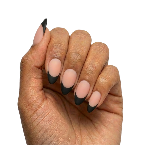 Black French Tips press-on nails with sheer nude base and black French tips in almond or round almond shape, medium length, matte finish, shown on hand 