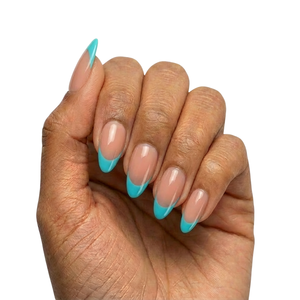 Blue French Tips press-on nails with sheer nude base and turquoise blue French tips in almond or round almond shape, medium length, glossy finish, shown on hand