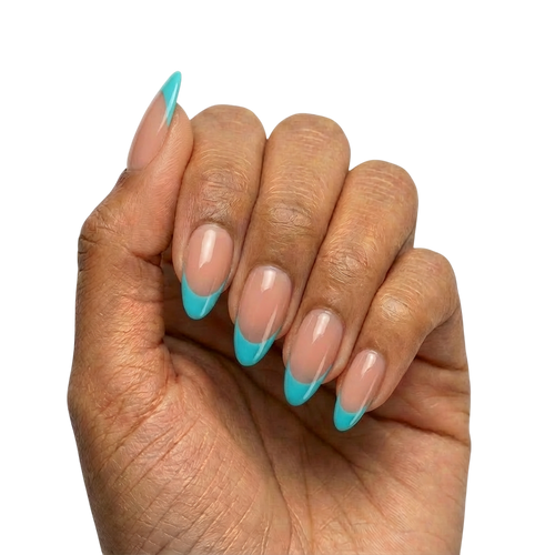 Blue French Tips press-on nails with sheer nude base and turquoise blue French tips in almond or round almond shape, medium length, glossy finish, shown on hand