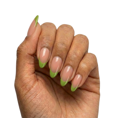 Green French Tips press-on nails with sheer nude base and bright green French tips in almond or round almond shape, medium length, glossy finish, shown on hand