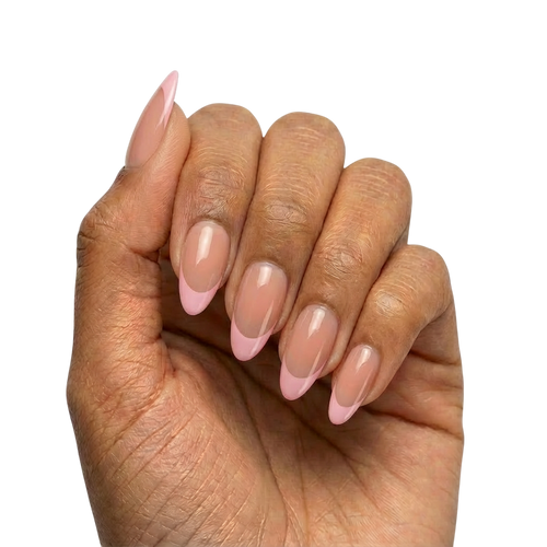 Baby Pink French Tips press-on nails with sheer nude base and soft pink French tips in almond shape, short length, glossy finish, shown on hand.