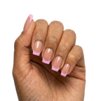 Lilac French Tips press-on nails with sheer nude base and lilac French tips in square shape, medium length, glossy finish, shown on hand 