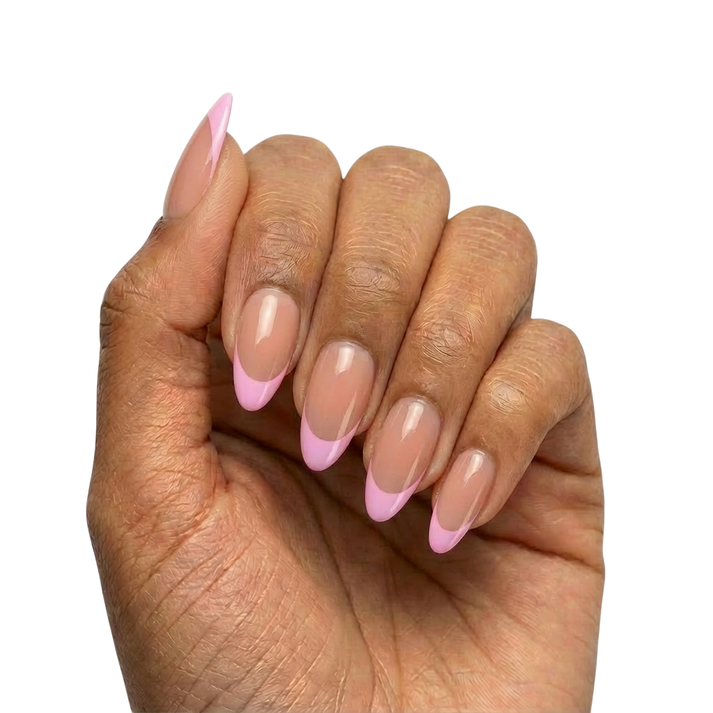 Lilac French Tips press-on nails with sheer nude base and lilac French tips in almond or round almond shape, medium length, glossy finish, shown on hand