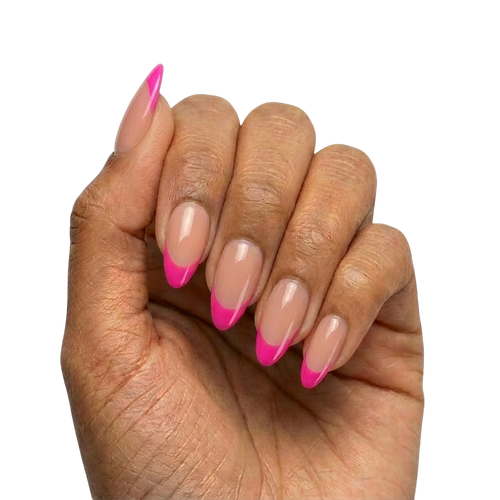 Hot Pink French Tips press-on nails with sheer nude base and hot pink French tips in almond or round almond shape, medium length, glossy finish, shown on hand 