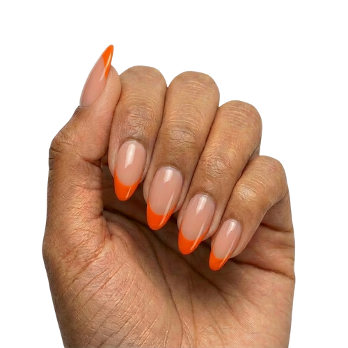 Orange French Tips press-on nails with sheer nude base and orange French tips in almond or round almond shape, medium length, glossy finish, shown on hand