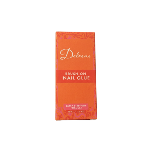 Orange box of Delaene Brush-On Nail Glue. Extra Strength formula, 15 milliliters or 0.5 ounces
