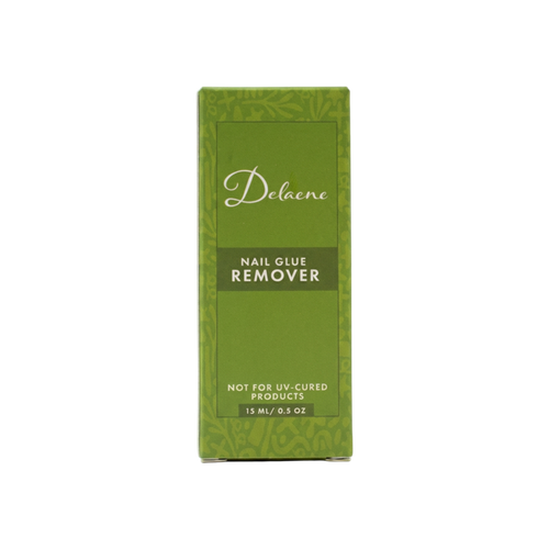 Delaene Nail Glue Remover for press-on nail removal, features a green box with Delaene logo. Reads "Nail glue remover, not for UV-Cured products, 15 milliliters or 0.5 ounces"