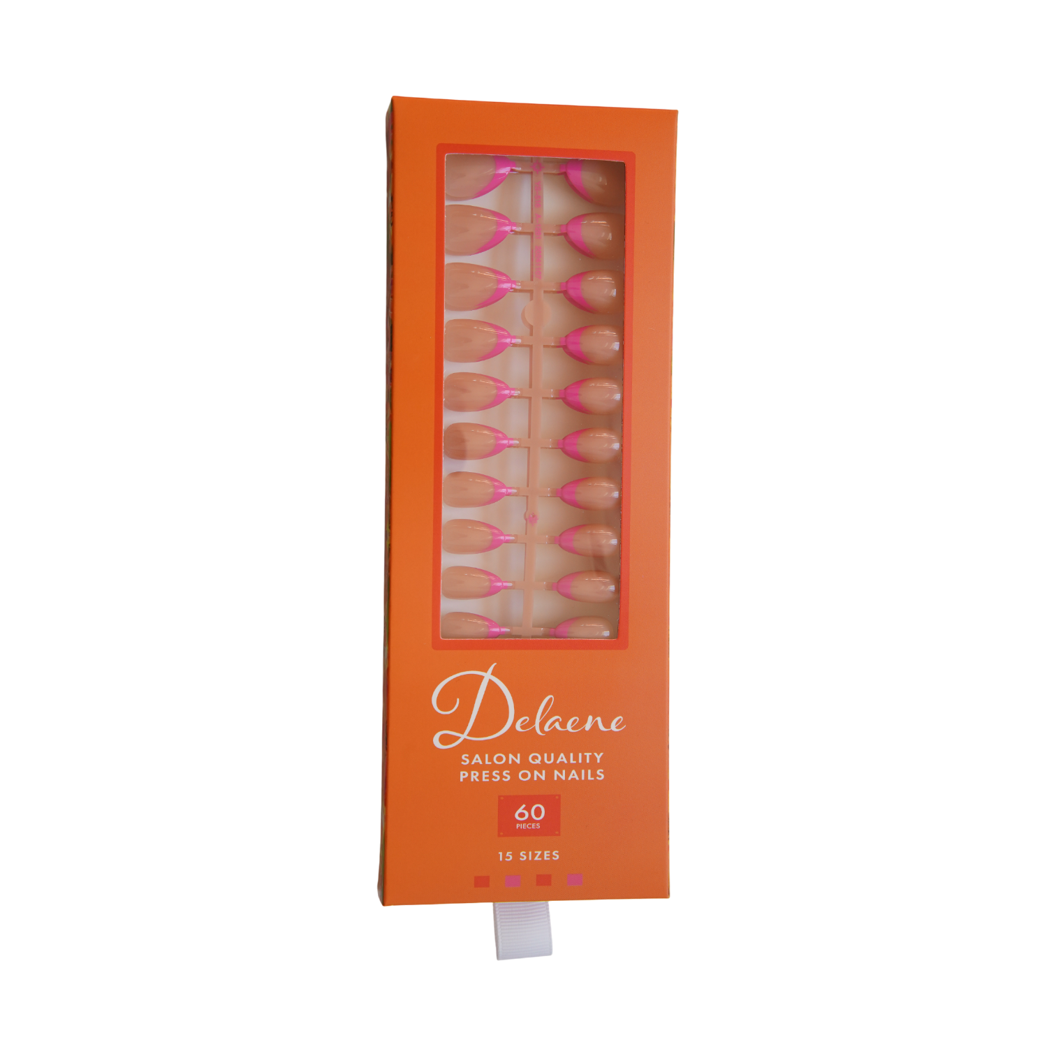 Box of Delaene press-on nails with a clear window showing the product. Product is lines of different sized press-on nails with sheer nude base and hot pink French tips in Almond shape, medium length. Box reads, "Delaene Salon Quality Press On Nails. 60 pieces. 15 sizes."