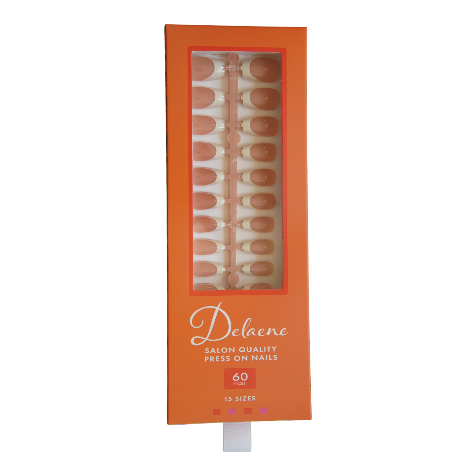 Packaged box of Delaene salon quality press-on nails with orange packaging and clear window. Box reads, "Delaene Salon Quality Press On Nails. 60 pieces. 15 sizes.” Contains press-on nails with sheer nude base and cream colored French tips in coffin shape, medium length, glossy finish. 