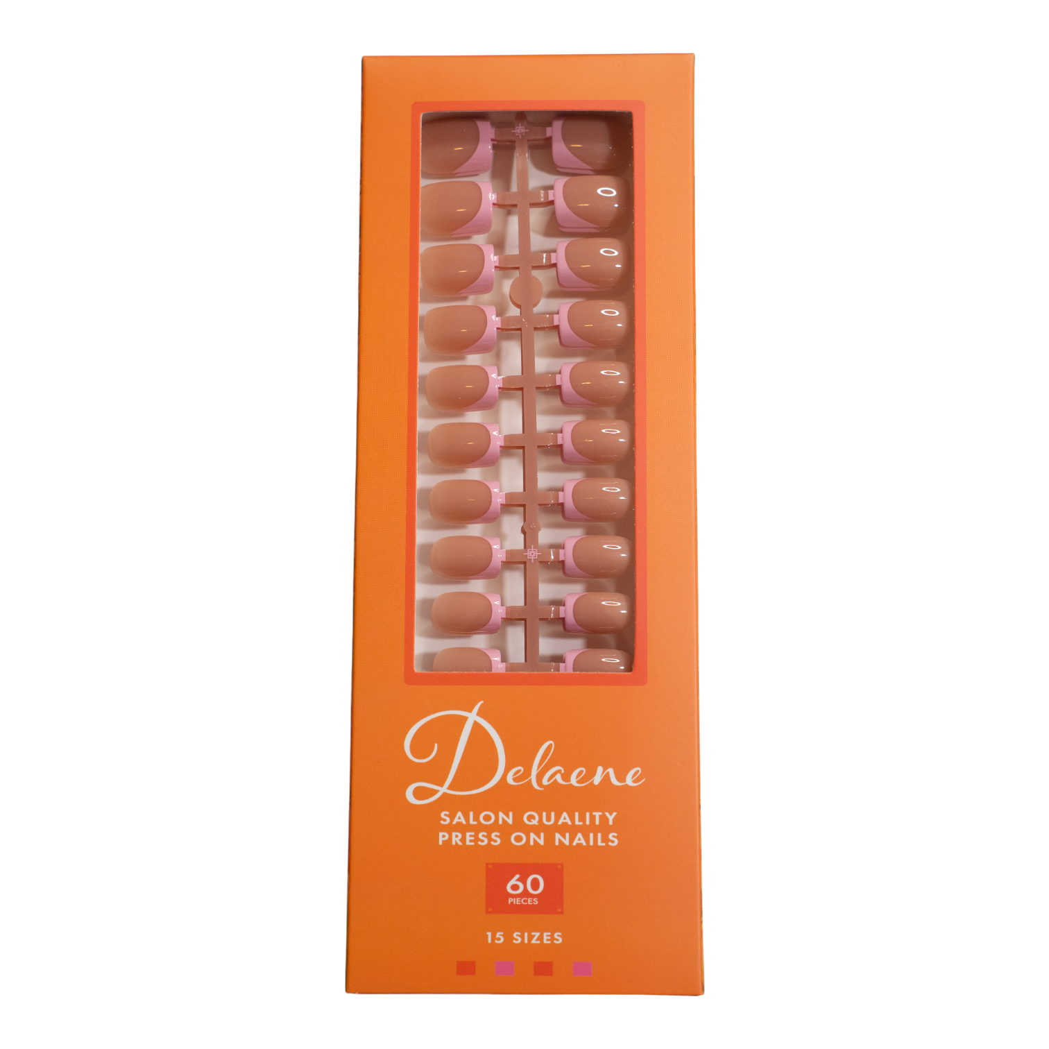 Orange box containing Baby Pink French Tips press-on nails with sheer nude base and soft pink French tips in square shape, short length, glossy finish, shown on hand 